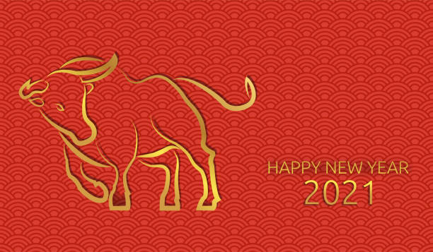 ilustrações, clipart, desenhos animados e ícones de ano novo chinês 2021 do boi. padrão chinês, fundo vermelho perfeito. texto de ouro e touro. ornamento oriental tradicional. vetor - oriental