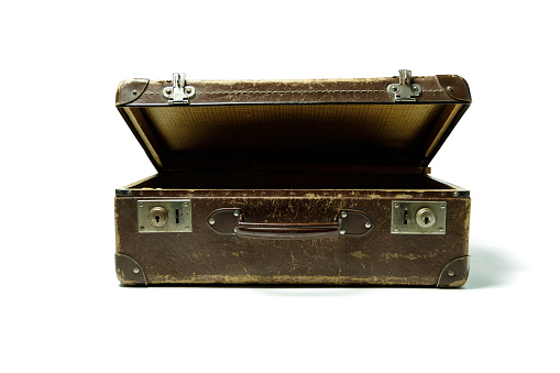 old brown vintage suitcase on the white background