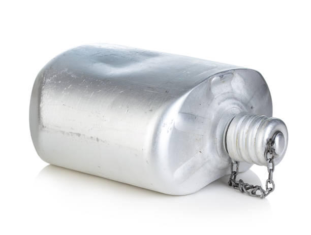 old army aluminum flask isolated on a white background. - military canteen imagens e fotografias de stock