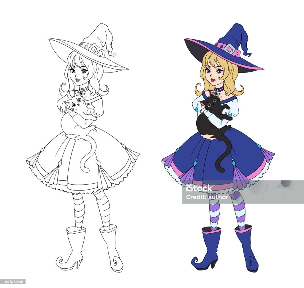 Beautiful Cartoon Witch Holding Black Cat Blonde Hair Blue Dress And Big  Hat Hand Drawn Vector Illustration For Coloring Book Isolated On White  Stock Illustration - Download Image Now - iStock