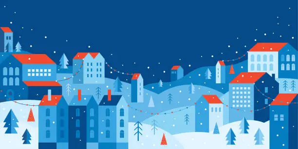 Vector illustration of Urban landscape in a geometric minimal flat style. New year and Christmas winter city among snowdrifts, falling snow, trees and festive garlands. Abstract horizontal banner with space for the text.