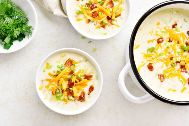 istock Potato creamy soup with bacon and cheddar cheese 1278758097