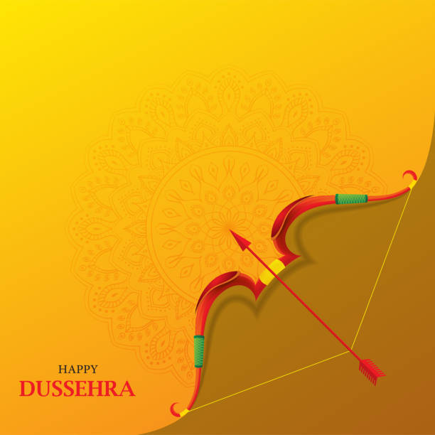 glücklich dussehra indian festival karte mit pfeil und bogen auf orange hintergrund mit mandala. - dashahara stock-grafiken, -clipart, -cartoons und -symbole