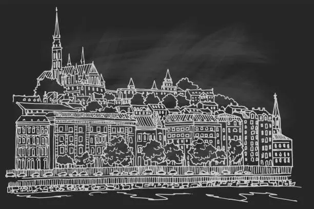 Vector illustration of vector sketch of Budapest cityscape with Buda castle and Danube river