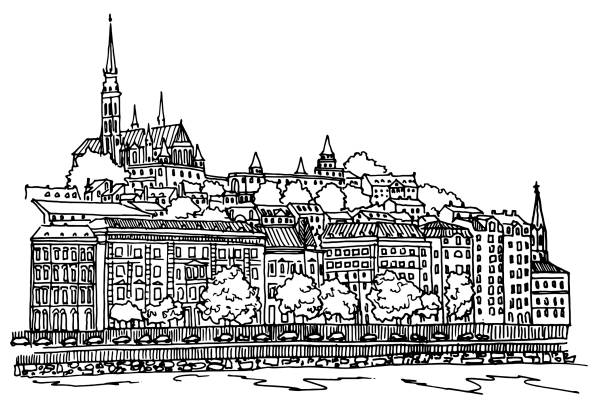 illustrations, cliparts, dessins animés et icônes de croquis vectoriel du paysage urbain de budapest avec le château de buda et le danube - danube river illustrations