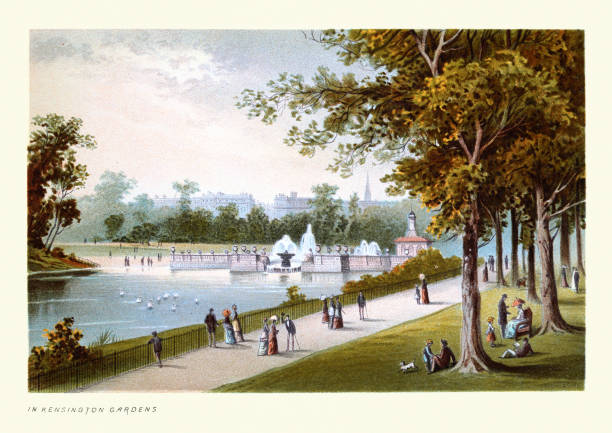 w kensington gardens, wiktoriański londyn, xix-wieczny druk artystyczny - kensington gardens stock illustrations