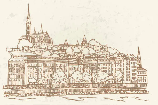 Vector illustration of vector sketch of Budapest cityscape with Buda castle and Danube river