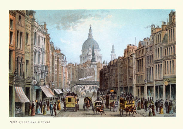 ilustraciones, imágenes clip art, dibujos animados e iconos de stock de fleet street y st paul's, londres victoriano, siglo xix - st paul illustrations