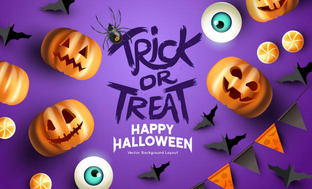 Purple Happy Halloween mockup Event Background Fun Purple happy halloween event mockup design background. including bats, party bunting, and grinning jack o lantern pumpkins. Vector illustration. creepy glowing eyes stock illustrations