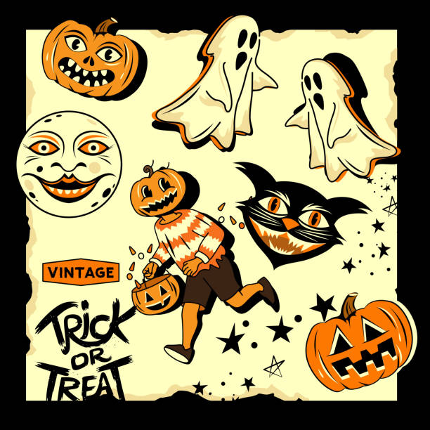 Vintage style happy halloween characters and objects, trick or treat, pumpkins and ghosts! Vector illustration