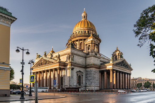 Saint Petersburg, Admiralteisky district - Saint Isaac's Cathedral in sunset.
