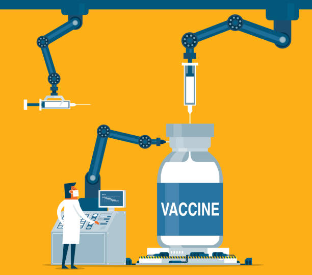 pharmaceutical factory - vaccine pharmacist rush to make new coronavirus vaccines (2019-nCoV) in a pharmaceutical factory drug manufacturing stock illustrations