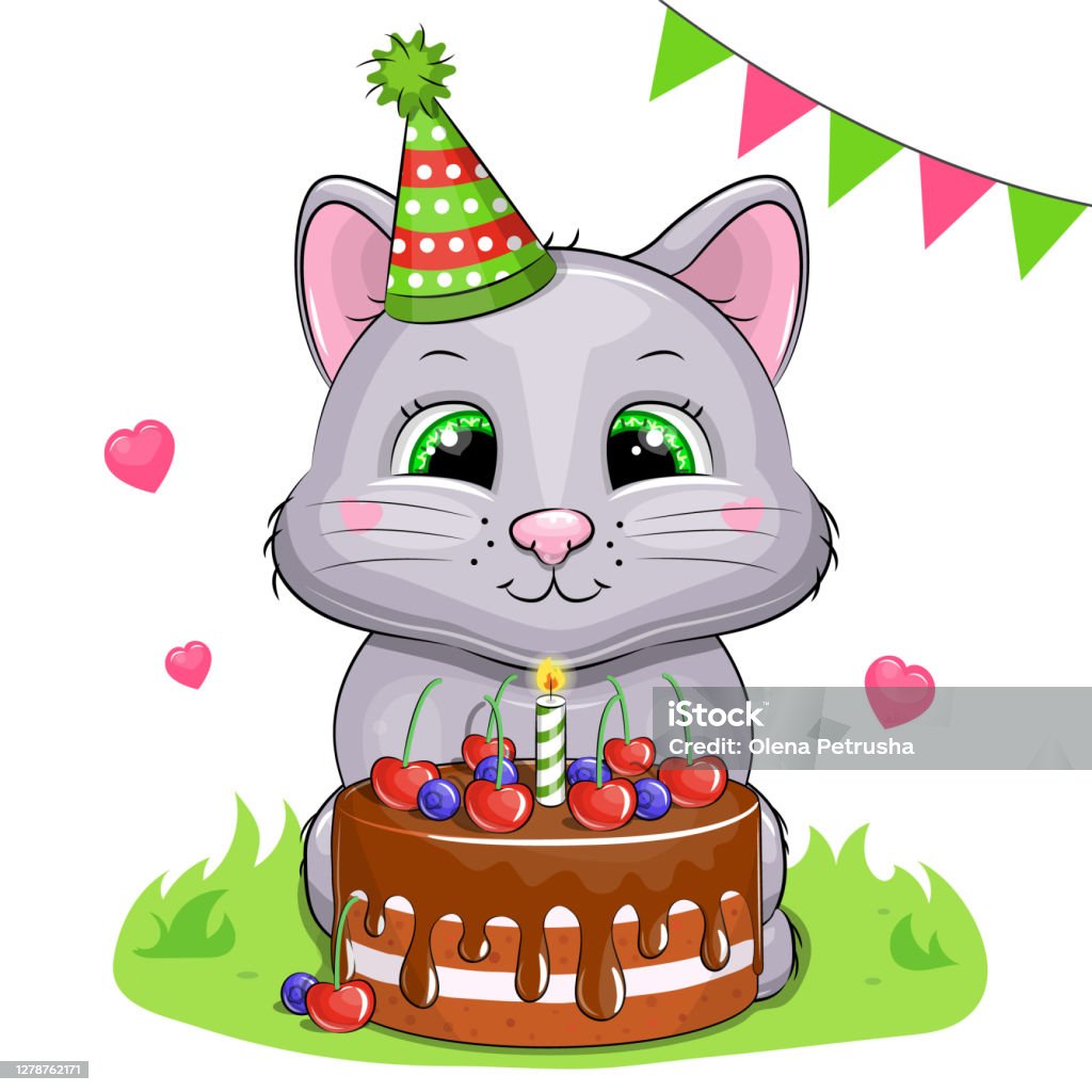 Cute Cartoon Cat With Birthday Cake Stock Illustration - Download Image Now  - Animal, Birthday, Birthday Cake - iStock