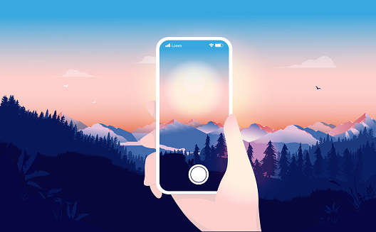 Hand holding a white smartphone taking pictures of sunrise. Cellphone photography, capturing nature beauty and hobby photographer concept. Vector illustration.