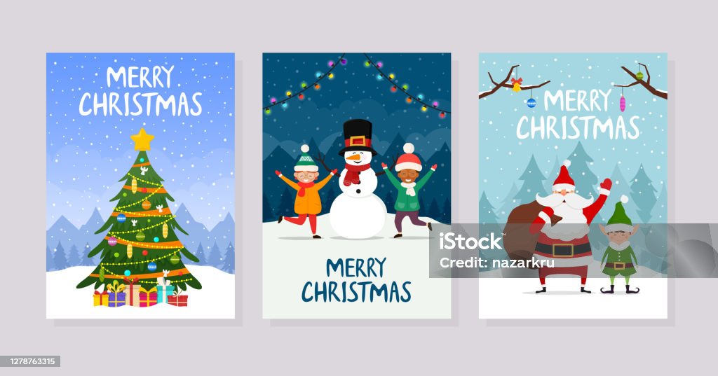 Vetores de Cartões De Natal Ou Convites Para Festas Conjunto De Cartazes  Com Árvore De Natal Papai Noel E Crianças e mais imagens de Cartão de Natal  - iStock