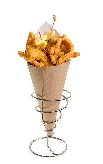 fried fish food take out on paper cones white background