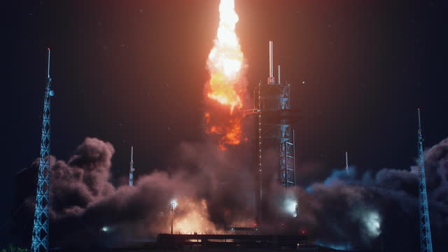Launch Pad Complex at Night: Successful Rocket Launching with Crew on a Space Exploration Mission. Flying Spaceship Blasts Flames and Smoke on a Take-off. Humanity in Space, Conquering Universe