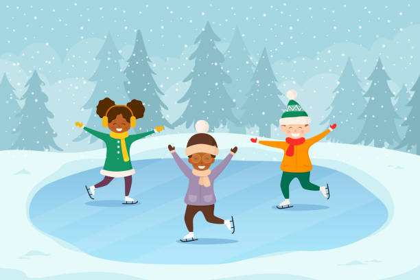 スケートリンクで楽しんでいる幸せな子供たち。屋外公園でのチレンと冬の休日のシーン。 - backgrounds humor cartoon fun点のイラスト素材／クリップアート素材／マンガ素材／アイコン素材