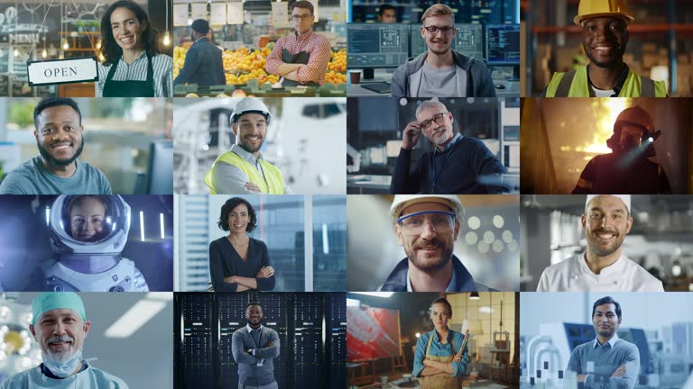 Multiple Screen Montage: Diverse Group of Professional People Smiling. Business People, Entrepreneur, Worker, Engineers, Female Astronaut, Artist, Chef, CEO, IT Specialist. Happy Workers of the World