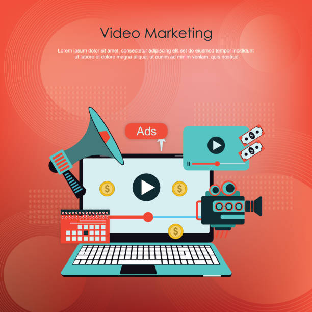 비디오 마케팅 소셜 미디어 및 광고 개념 - marketing social media facebook youtube stock illustrations