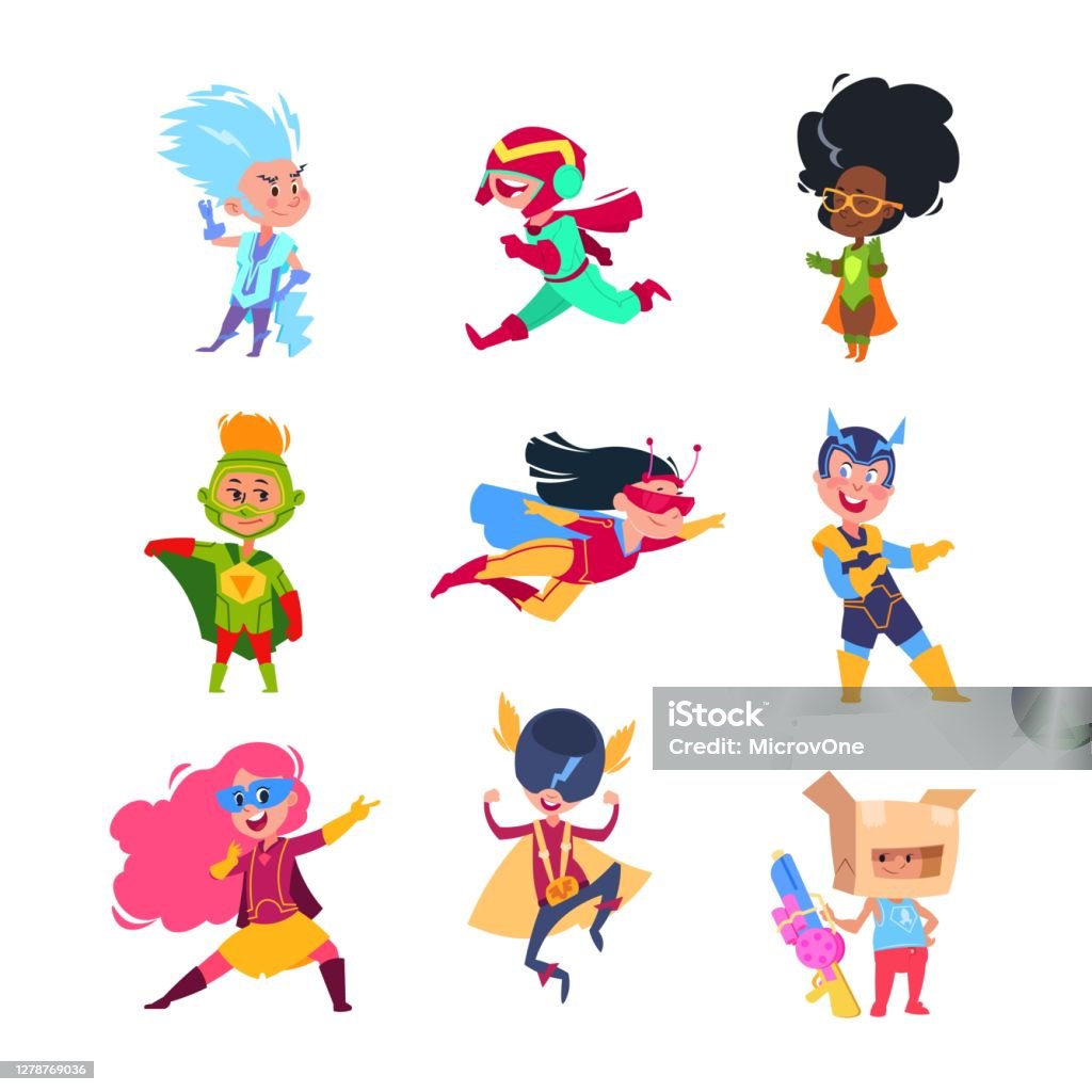 Superhero Kids Children Wearing In Superheroes Costumes Carton Cosplay  Vector Characters Set Stock Illustration - Download Image Now - iStock