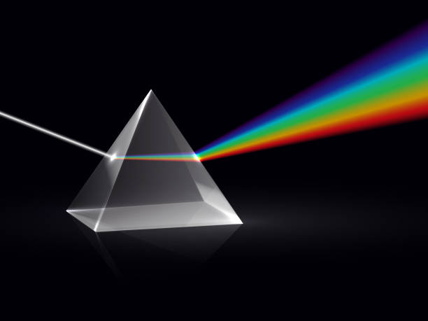 Light rays in prism. Ray rainbow spectrum dispersion optical effect in glass prism. Educational physics vector background Light rays in prism. Ray rainbow spectrum dispersion optical effect in glass prism. Educational physics vector background. Illustration of prism spectrum light and rainbow refraction dispersion stock illustrations