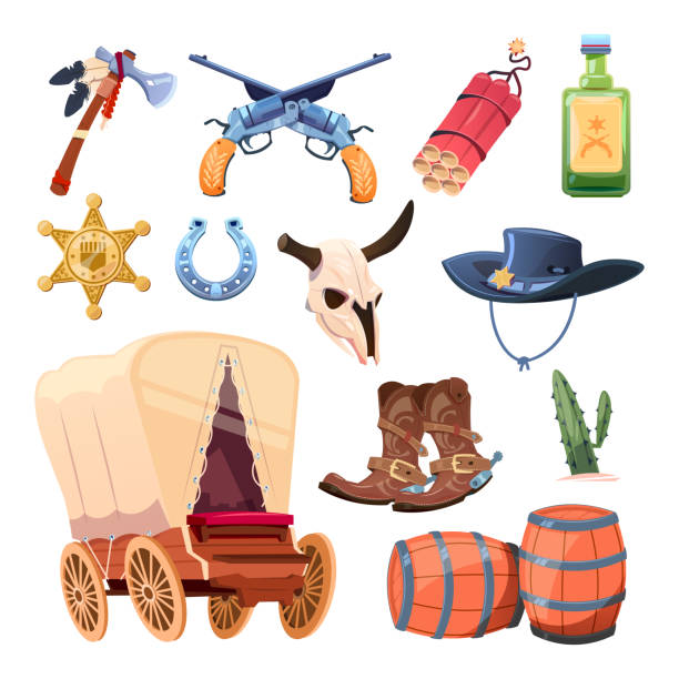 illustrations, cliparts, dessins animés et icônes de ensemble de dessin animé de l’ouest sauvage. bottes de cow-boy, chapeau et arme à feu. crâne de taureau, tomahawk, boisson, fleur de dessert isolée sur le fond blanc - cowboy hat personal accessory equipment headdress