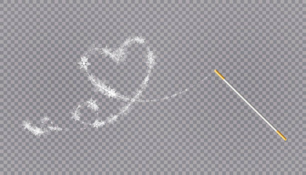 Magic wand with heart shaped snowflakes in a flat style in continuous drawing lines. Trace of white dust. Magic abstract background isolated on on transparent background. Miracle and magic. Vector illustration flat design. vector art illustration