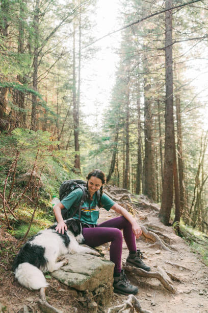 istock Woman hiking with dog in forest 1278772282