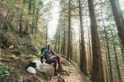 Young Caucasian woman hiking with dog in forest