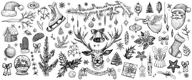 Christmas decorations, hand drawn vector elements. Rustic winter sketches. Christmas decorations, hand drawn vector elements. Rustic winter sketch. Traditional Christmas, vintage style. Pine branches, deer head, angel, bell and other celebration sketches. angel wings drawing stock illustrations