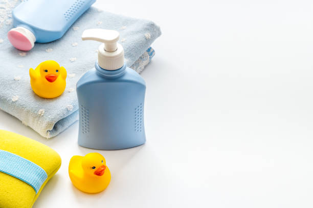 istock Baby accessories for bath with care products and rubber duck 1278773741