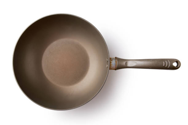 istock Empty nonstick frying pan isolated on white background closeup, top view 1278774200