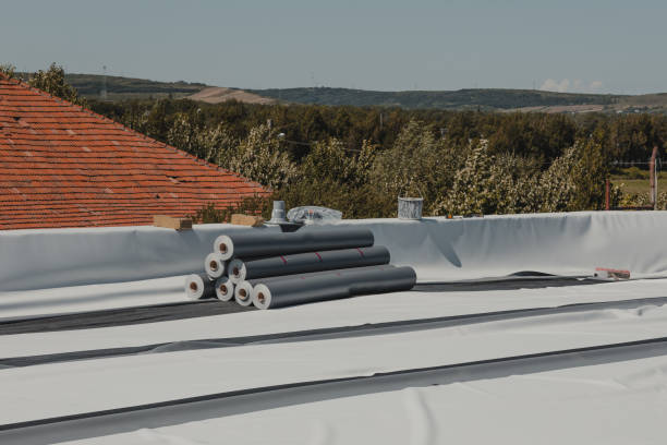 istock Waterproofing pvc membranes on roof construction site. 1278775209
