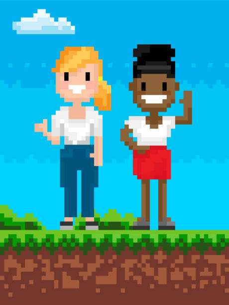 пикÑелÑ2-3 ÐºÐ¾Ð¿Ð¸Ñ Pixelated character vector, people smiling standing on soil pixel art game of 8 bit graphics, friendly personage waving and greeting, lady in blouse woman vintage blouse stock illustrations