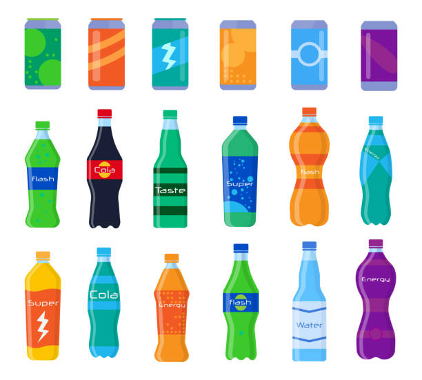 Soda in bottles. Set of soda in plastic bottles and aluminum cans in flat style isolated on white background. Different cold drinks in bottle, carbonated water with flavors, soda cans for vending machine. Vector. non alcoholic beverage stock illustrations