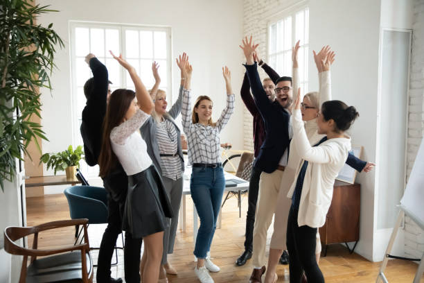 istock Overjoyed colleagues have fun engaged in teambuilding activity 1278778858