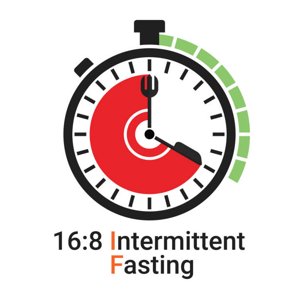 16/8 intermittent fasten (if) ist eine form des zeitbeschränkten fastens. tägliches essen und fasten zeitfürchst für verlustgewicht diät konzept. vektor-illustration des stoppuhr-gesichtssymbols isoliert auf weißem hintergrund - face time stock-grafiken, -clipart, -cartoons und -symbole