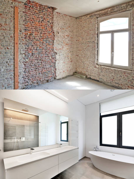 Renovation of a bathroom Before and after Renovation of a bathroom Before and after in horizontal format before and after stock pictures, royalty-free photos & images