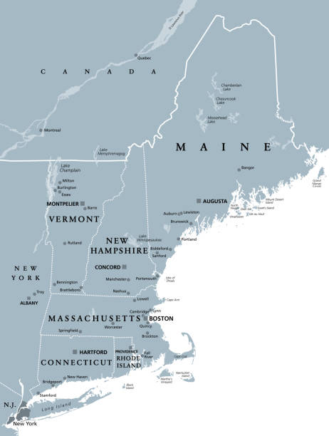 illustrazioni stock, clip art, cartoni animati e icone di tendenza di regione del new england degli stati uniti, mappa politica grigia - new england