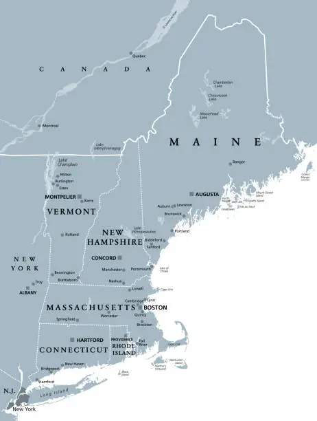 Vector illustration of New England region of the United States, gray political map