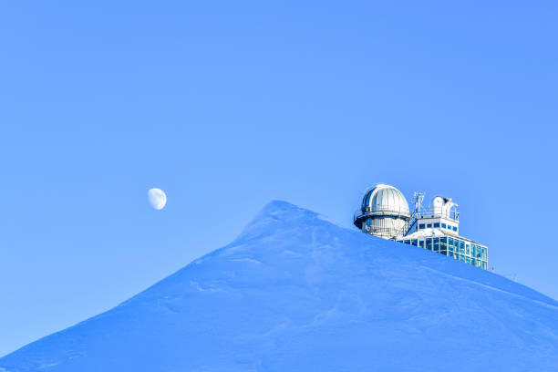 old chapel and building of meteorological observatory on Snezka summit before sunrise