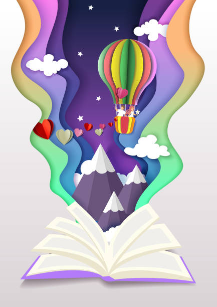 Open book with couple in love flying in hot air balloon. Vector illustration in paper cut craft style. Romantic stories. Open book with romantic couple in love flying in hot air balloon high in the sky over mountain peaks. Vector illustration in paper cut craft style. Romantic love stories concept. romantic styles stock illustrations