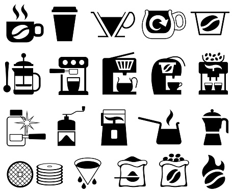 Single color isolated icons of coffee makers and coffee making products