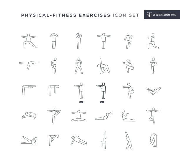 ilustraciones, imágenes clip art, dibujos animados e iconos de stock de ejercicios de fitness físico iconos de línea de trazos editables - entrenador personal