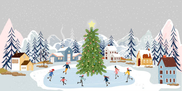 新年に野外活動を楽しんでいる人々と夜の冬の風景、人々のお祝い、子供がアイススケートをプレイするクリスマス休暇中のベクター都市の風景、10代の若者のスキー - スケート点のイラスト素材／クリップアート素材／マンガ素材／アイコン素材