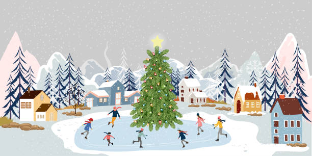 ilustrações de stock, clip art, desenhos animados e ícones de winter landscape at night with people having fun doing outdoor activities on new year,vector city landscape on christmas holidays with people celebration, kid playing ice skates, teenagers skiing - christmas snow child winter