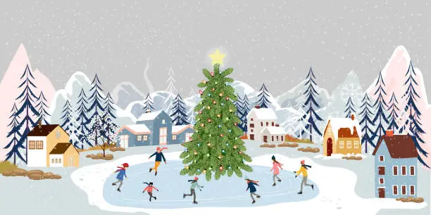 Vector illustration of Winter landscape at night with people having fun doing outdoor activities on new year,Vector city landscape on Christmas holidays with people celebration, kid playing ice skates, teenagers skiing