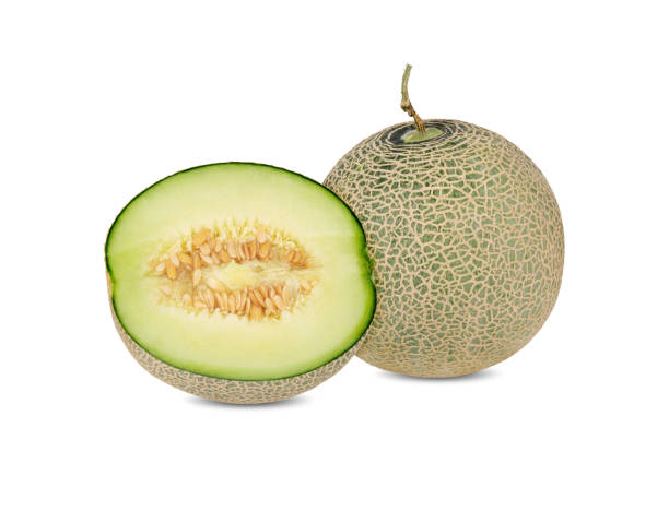istock whole and half cut ripe green melon on white background 1278787102
