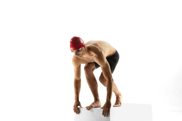 istock Caucasian professional sportsman, swimmer training isolated on white studio background 1278793615